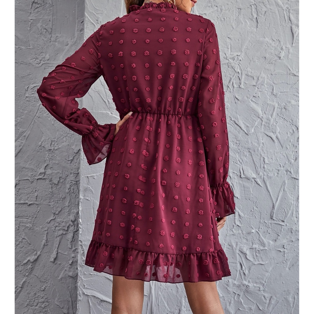Maroon Red Swiss Dot Long Sleeve Ruffle Dress - Picture 2 of 6